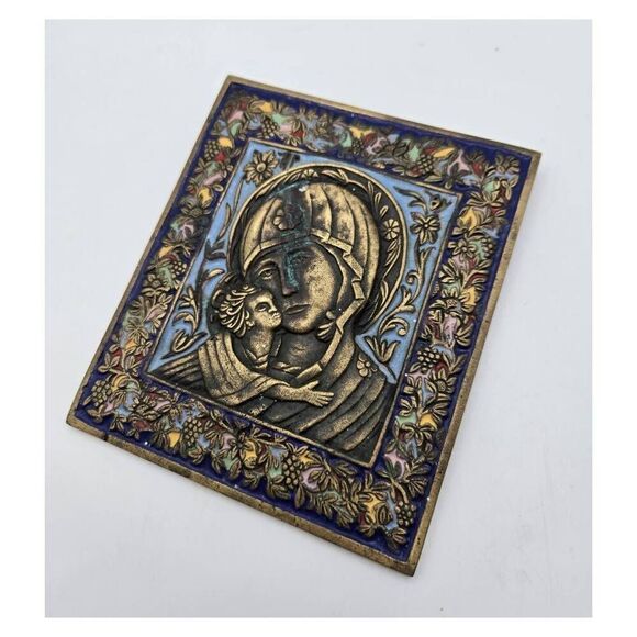 Antique 1800's Eastern Orthodox Enameled Bronze Mother of God Icon Wall Hanging - Picture 3 of 6